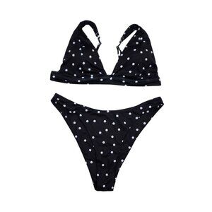 Black White Polka Dot Bikini Set  Adjustable Straps & High-Cut Bottoms Size L